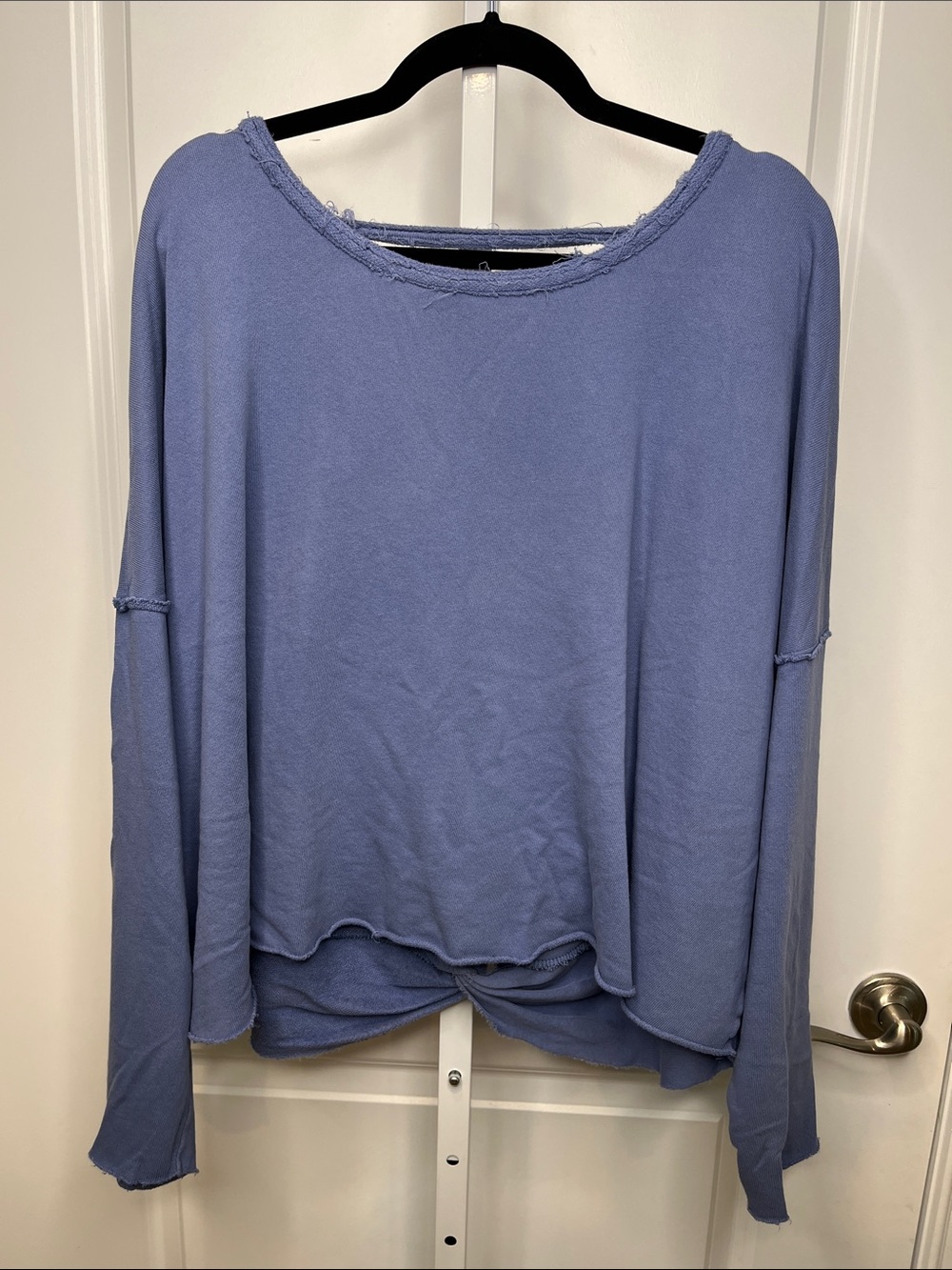 aerie Relaxed Distressed Scoop Neck Sweatshirt in Dusty Blue Oversized XL